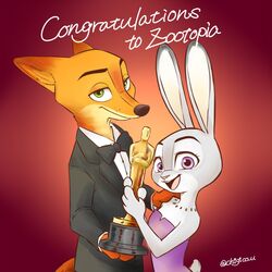  1:1 2017 academy_awards anthro award bare_shoulders black_tie_(suit) bow_(feature) bow_tie buckteeth canid canine chigico_u clothed clothing disney dress duo female fox fur gradient_background green_eyes grey_body grey_fur half-length_portrait hand_on_shoulder happy hi_res holding_award holding_object holding_oscar_statuette inner_ear_fluff jewelry judy_hopps lagomorph leporid looking_at_viewer male mammal necklace nick_wilde open_mouth open_smile oscar_statuette portrait purple_eyes rabbit red_fox simple_background smile suit teeth true_fox tuft zootopia 