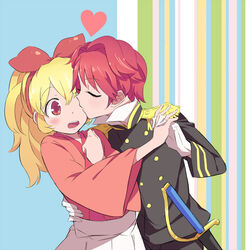  2girls aikatsu! aikatsu!_(series) arm_around_waist blonde_hair blush closed_eyes commentary_request cosplay epaulettes gloves heart holding holding_hands hoshimiya_ichigo ichinose_kaede interlocked_fingers japanese_clothes kissing kissing_cheek kissing_eye matthew_perry matthew_perry_(cosplay) military military_uniform multiple_girls open_mouth ponekusan red_eyes red_hair short_hair surprise_kiss surprised sword uniform weapon white_gloves yuri 