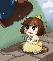  1boy absurdres aq_gohan brooch brown_eyes brown_hair commentary_request crown dress female highres jewelry kneeling lolicon mario mario_(series) new_super_mario_bros._u_deluxe oerba_yun_fang open_mouth photoshop_(medium) princess_goomba scared super_crown sweatdrop tearing_up tears trembling yellow_dress 