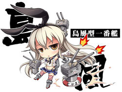  anchor_hair_ornament bandana brown_eyes chibi commentary_request elbow_gloves female gloves grey_hair hair_ornament kantai_collection lifebuoy long_hair looking_at_viewer ms06s navel photoshop_(medium) pleated_skirt rensouhou-chan school_uniform serafuku shimakaze_(kancolle) skirt solo striped_clothes striped_thighhighs swim_ring thighhighs thong translation_request 