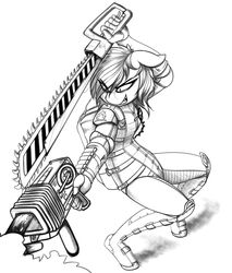  2018 absurd_res anthro anthrofied equid equine fallout fan_character female gun hasbro hi_res horse mammal microsoft monochrome my_little_pony pony ranged_weapon replica_(artist) replica_(oc) saw solo tools weapon 