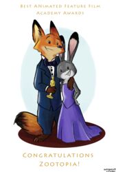  2017 3_toes 4_fingers absurd_res academy_awards anthro arm_around_shoulders award barefoot black_body black_fur black_nose bottomwear bow_(feature) bow_tie brown_body brown_fur canid canine clothed clothing dipstick_ears dipstick_tail disney dress duo ear_markings english_text feet female fingers fox front_view fully_clothed fur grey_body grey_fur hand_on_hip hi_res holding_award holding_object holding_oscar_statuette jacket judy_hopps lagomorph leporid long_ears male mammal markings multicolored_ears multicolored_tail nick_wilde orange_body orange_fur oscar_statuette pants pink_nose rabbit red_fox shirt smile softlight289 standing suit tail tail_markings text toes toony topwear trophy true_fox zootopia 