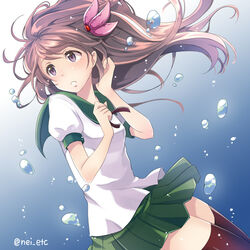  :o air_bubble brown_hair brown_thighhighs bubble commentary_request female floating_hair green_skirt hair_ornament kantai_collection kisaragi_(kancolle) long_hair meganei parted_lips pleated_skirt purple_eyes school_uniform shirt short_sleeves skirt solo submerged thighhighs underwater uniform water white_shirt zettai_ryouiki 