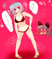  2girls :d animal_ears bikini black_bikini blood blue_eyes blue_hair breasts bush buuwa cleavage commentary flip-flops full_body heterochromia highres looking_at_viewer mouse_ears mouse_girl multiple_girls navel nazrin nosebleed open_mouth red_eyes sandals short_hair smile stomach swimsuit tatara_kogasa touhou translated 