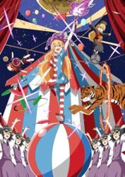  6+girls akahirap american_flag_dress american_flag_legwear arm_up ball balloon black_dress black_shirt blonde_hair chains chinese_clothes circus clownpiece commentary_request dress earth_(ornament) fairy fairy_wings fire hat hecatia_lapislazuli highres jester_cap junko_(touhou) long_hair looking_at_viewer miniskirt moon_(ornament) multicolored_clothes multicolored_skirt multiple_girls neck_ruff pantyhose polka_dot red_eyes red_hair ring_of_fire shirt short_dress short_hair skirt star_(symbol) star_print striped t-shirt tiger torch touhou very_long_hair wings 