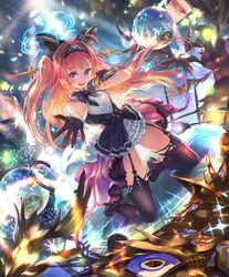  ahoge animal_ears audience blue_eyes cat_ears cat_tail cygames disco_ball dress fake_animal_ears female gloves hairband idol kneeling lishenna_omen_of_destruction long_hair looking_at_viewer microphone music official_art ponzu_(catponz) reaching reaching_towards_viewer red_hair ribbon shadowverse singing skirt tail thighhighs twintails 