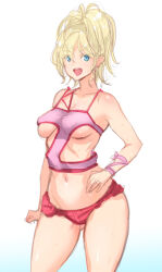  :d blonde_hair blue_eyes breasts elle_vianno female gundam gundam_zz highres looking_at_viewer micro_shorts navel open_mouth poin_(hidsuki) ponytail short_hair shorts simple_background smile solo sweat white_background 