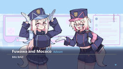  2girls absurdres armband arms_up blonde_hair blue_archive blue_armband blue_eyes blue_hair blue_hat blue_shorts blue_skirt cosplay cowboy_shot fake_screenshot fuwawa_abyssgard gloves hand_up hat highres hikari_(blue_archive) hikari_(blue_archive)_(cosplay) hololive hololive_english larm104 long_sleeves looking_at_viewer mococo_abyssgard multicolored_hair multiple_girls navel nozomi_(blue_archive) nozomi_(blue_archive)_(cosplay) peaked_cap pink_armband pink_eyes pink_hair pleated_skirt shorts siblings sisters skirt smile streaked_hair thighs train_conductor virtual_youtuber white_gloves 