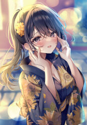  :d black_hair blue_kimono blurry blurry_background bokeh breasts cleavage collarbone commentary_request crossed_bangs crying crying_with_eyes_open depth_of_field female floral_print floral_print_kimono flower grey_eyes hair_flower hair_ornament hands_on_own_cheeks hands_on_own_face happy_tears hayashi_megumi highres japanese_clothes kimono koukou_jidai_ni_gouman_datta_joou-sama_to_no_dousei_seikatsu_wa_igaito_igokochi_ga_warukunai large_breasts light_particles long_hair long_sleeves official_art sidelocks smile solo sunflower_print tears upper_body wide_sleeves yellow_flower yugaa 