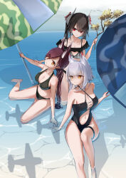  3girls absurdres aircraft animal_ear_fluff animal_ears azur_lane bikini black_bikini black_one-piece_swimsuit branch breasts cleavage closed_mouth collarbone commentary_request fox_ears fox_girl haruna_(azur_lane) highres holding holding_branch horns hyuuga_(azur_lane) ise_(azur_lane) large_breasts multiple_girls navel one-piece_swimsuit red_eyes ryosuke1225 silhouette sitting small_breasts stomach swimsuit thigh_strap tiger_ears tiger_girl water yellow_eyes 