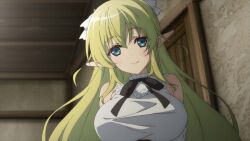  bare_shoulders blonde_hair blue_eyes blush breasts bursting_breasts choujin_koukousei-tachi_wa_isekai_demo_yoyuu_de_ikinuku_you_desu! closed_mouth door elf female hair_between_eyes hair_ribbon head_tilt highres indoors large_breasts lilulu_(choyoyu) lips long_hair looking_at_viewer pointy_ears ribbon smile solo upper_body very_long_hair yano_akane 