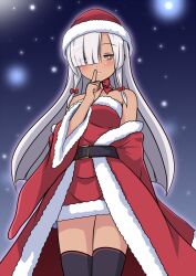  bare_shoulders belt black_belt black_thighhighs christmas coat commentary_request dark-skinned_female dark_skin dress eyes_visible_through_hair finger_to_mouth floahi fur-trimmed_coat fur_trim grey_hair hat highres long_hair long_sleeves low-tied_sidelocks night night_sky off_shoulder red_dress red_eyes santa_costume santa_hat shushing sky snowing teeth tenka_hyakken thighhighs torikai_rai_kunitsugu 