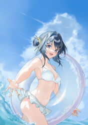  absurdres arknights bikini blue_eyes blue_hair blue_sky breasts cleavage cloud cowboy_shot day female frilled_bikini frills hair_intakes hair_ornament hairclip highres holding holding_swim_ring innertube la_pluma_(arknights) la_pluma_(summer_flowers)_(arknights) looking_at_viewer navel ocean official_alternate_costume open_mouth outdoors outstretched_arm reaching reaching_towards_viewer short_hair sky smile solo standing sunlight swim_ring swimsuit teen_a teeth upper_teeth_only wading water white_bikini 