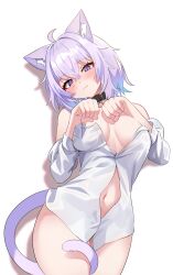  :3 absurdres ahoge animal_collar animal_ear_fluff animal_ears black_collar blush breasts cat_ears cat_girl cat_tail collar collared_shirt commentary crossed_bangs dress_shirt female hair_between_eyes highres hololive knees_out_of_frame kumarang legs_together looking_at_viewer lying medium_breasts naked_shirt navel nekomata_okayu nekomata_okayu_(oversized_shirt) no_bra no_pants off_shoulder official_alternate_costume partially_unbuttoned partially_undressed paw_pose purple_eyes purple_hair shirt short_hair simple_background solo tail tail_around_own_leg virtual_youtuber white_background white_shirt 