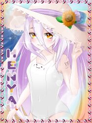  absurdres blush breasts character_name colored_inner_hair female grey_hair hair_between_eyes hat henya_the_genius henya_the_genius_(3rd_costume) highres long_bangs long_hair looking_at_viewer multicolored_hair one-piece_swimsuit purple_hair shihir09 small_breasts smile solo sun_hat swimsuit v very_long_hair virtual_youtuber vshojo white_one-piece_swimsuit yellow_eyes 