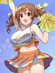  absurdres arm_up armpit_peek bare_shoulders blue_sky blush breasts brown_eyes brown_hair cheerleader clothes_writing commentary_request cowboy_shot crop_top cropped_shirt female hair_between_eyes highres holding holding_pom_poms idolmaster idolmaster_cinderella_girls large_breasts light_blush looking_ahead natsuya_(natuya777) open_mouth orange_skirt pleated_skirt pom_pom_(cheerleading) shirt skirt sky sleeveless sleeveless_shirt smile solo sweat sweatdrop thighs totoki_airi twintails white_shirt 