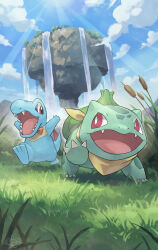  2024 3_claws 3_toes 5_fingers biped blue_arms blue_body blue_feet blue_sky blue_tail bow_(feature) bow_ribbon bow_tie bulbasaur cattail_(plant) claws cloud colored day digital_media_(artwork) digital_painting_(artwork) duo feet feral fingers generation_1_pokemon generation_2_pokemon grass green_body green_ears hakkentai_pkdn happy hi_res light light_beam male_(lore) markings mostly_nude nintendo open_mouth open_smile outside pink_tongue plant pokemon pokemon_(species) pokemon_mystery_dungeon quadruped red_bow_tie red_eyes red_spines scarf scarf_only shadow sharp_teeth signature sky smile spike_chunsoft sunbeam sunlight tail teeth toes tongue totodile water waterfall white_claws yellow_markings yellow_scarf 