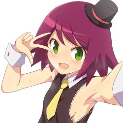  :d armpits black_hat black_shirt blush breasts collared_shirt curakuru female green_eyes hat looking_at_viewer medium_hair mega_man_(series) mega_man_star_force mini_hat mini_top_hat necktie open_mouth red_hair selfie shirt sideboob simple_background sleeveless sleeveless_shirt small_breasts smile solo sonia_strumm_(mega_man) split_mouth tilted_headwear top_hat upper_body w w_over_eye white_background white_wrist_cuffs wrist_cuffs yellow_necktie 