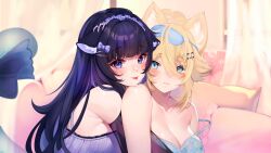  2girls :3 :p absurdres animal_ear_fluff animal_ears black_hair blonde_hair blue_eyes blue_nightgown bow breasts bubble cat_ears cat_girl cleavage hair_between_eyes hair_ornament hairbow heart heart_in_eye highres indie_virtual_youtuber kaneko_lumi long_hair multiple_girls nekrolina nightgown oliveart phase_connect pillow purple_bow purple_eyes purple_nightgown second-party_source see-through see-through_sleeves sleep_mask strap_slip symbol_in_eye tongue tongue_out virtual_youtuber 