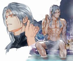  1boy calcharo_(wuthering_waves) feline grey_eyes hand_in_own_hair hand_up highres long_hair looking_at_viewer looking_to_the_side male_focus muehe multiple_views onsen parted_lips scar sitting spread_legs teeth toned toned_male topless_male towel_on_legs upper_teeth_only white_hair wuthering_waves 