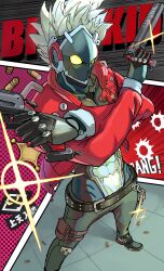  absurd_res beefussop12 belt billy_kid clothing dual_wielding grey_body gun hair handgun hi_res holding_object holding_weapon humanoid jacket machine male mihoyo pistol ranged_weapon robot solo topwear weapon white_hair yellow_eyes zenless_zone_zero 