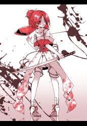  07touka25 alternate_eye_color balancing commentary_request cup female floral_print from_behind high_heels highres holding holding_sword holding_weapon ink japanese_clothes kimono letterboxed off_shoulder open_mouth print_sash red_eyes red_hair red_kimono red_theme reverse_grip rope sakazuki sash scarf senningiri skirt solo sword tenka_hyakken weapon white_scarf white_skirt 