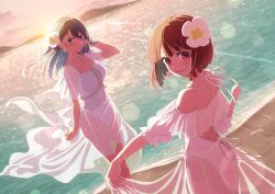  2girls absurdres arima_kana artist_request beach blue_eyes blue_hair bob_cut breasts closed_mouth collarbone commentary_request floating_hair flower hair_flower hair_ornament highres inverted_bob kurokawa_akane long_hair marine_day medium_breasts multiple_girls ocean official_art one-piece_swimsuit oshi_no_ko red_eyes red_hair short_hair swimsuit tucking_hair white_one-piece_swimsuit 