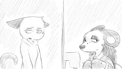  16:9 animal_crossing anthro bodily_fluids clothed clothing dialogue_in_description domestic_cat dragonweirdo duo ears_back eulipotyphlan felid feline felis female greyscale half-closed_eyes hedgehog hi_res hoodie looking_away mammal monochrome narrowed_eyes nervous nintendo olivia_(animal_crossing) pivoted_ears quills_(anatomy) sable_able sewing_machine simple_background snout story story_in_description sweat sweatdrop tail topwear widescreen 