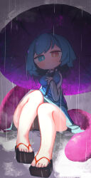  absurdres blue_eyes blue_hair chii_(tsumami_tsumamare) commentary feet female full_body heterochromia highres karakasa_obake legs looking_at_viewer outdoors purple_umbrella rain red_eyes short_hair sitting solo symbol-only_commentary tatara_kogasa toes tongue touhou umbrella 