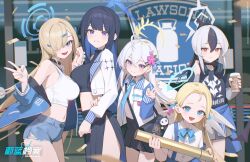  5girls absurdres ahoge angel_wings aqua_halo aqua_nails asuna_(blue_archive) azusa_(blue_archive) bag bilibili_xiaolu black_bag black_bustier black_shirt black_skirt blonde_hair blue_archive blue_bow blue_bowtie blue_eyes blue_hair blue_halo blue_jacket blue_necktie blue_shorts blue_skirt bow bowtie breasts chinese_commentary commentary_request cup dark_blue_hair demon_horns denim denim_shorts dot_nose earrings flat_chest flower friends hair_between_eyes hair_flower hair_ornament hair_over_one_eye halo headphones headphones_around_neck highres holding holding_cup holding_hands horns jacket jewelry kayoko_(blue_archive) large_breasts logo long_hair long_sleeves looking_at_viewer multicolored_eyes multiple_girls necktie open_clothes open_jacket open_mouth pink_flower red_eyes saori_(blue_archive) school_bag shirt short_hair short_sleeves shorts shoulder_bag sidelocks skirt smile sora_(blue_archive) sparkle stuffed_toy suspender_skirt suspenders teeth v white_bustier white_hair white_halo white_jacket white_shirt white_wings wings yellow_halo 