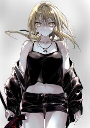  artoria_pendragon_(fate) black_camisole black_jacket black_ribbon black_shorts blonde_hair breasts camisole collarbone excalibur_morgan_(fate) fate/grand_order fate_(series) female hair_ribbon highres jacket jewelry kino_kokko long_hair long_sleeves looking_at_viewer low_ponytail medium_breasts navel necklace open_clothes open_jacket revision ribbon saber_alter saber_alter_(ver._shinjuku_1999)_(fate) short_shorts shorts sidelocks solo sword thighs weapon yellow_eyes 