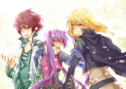  2boys asbel_lhant bad_id bad_pixiv_id blonde_hair blue_eyes brown_hair cape female green_shirt heterochromia keika locked_arms multiple_boys purple_hair red_eyes richard_(tales) shirt smile sophie_(tales) tales_of_(series) tales_of_graces twintails yellow_eyes 