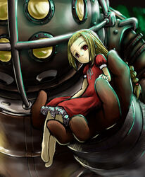  1boy big_daddy_(bioshock) bioshock_(series) bioshock_1 blonde_hair braid carrying carrying_person closed_mouth commentary_request diving_suit dress female forehead in_palm kotokane_hajime light_frown little_sister_(bioshock) long_hair looking_at_viewer no_toes painttool_sai_(medium) red_dress red_eyes sitting 