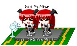  &gt;_&lt; chibi clone closed_eyes commentary_request electric_fan exercise_bike female head_wings intel koakuma long_hair pun red_hair touhou translated wings yamato_damashi 