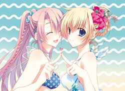  2girls ashihara_chihiro bad_id bad_pixiv_id bikini blonde_hair blue_eyes braid harukanaru_toki_no_naka_de harukanaru_toki_no_naka_de_3 japanese_clothes kasuga_nozomi long_hair multiple_girls pink_hair ponytail swimsuit trough_shell 