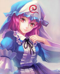  bow commentary_request female hat highres photoshop_(medium) pink_eyes pink_hair red_eyes saigyouji_yuyuko smile solo touhou zhenlin 