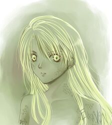  1boy evra_von green_eyes green_hair long_hair open_mouth scales snake the_saga_of_darren_shan upper_body yellow_eyes 