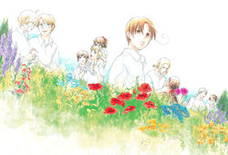  2girls 6+boys ahoge america_(hetalia) ao_nago austria_(hetalia) axis_powers_hetalia black_hair blonde_hair blue_eyes brown_eyes brown_hair canada_(hetalia) daffodil everyone flower france_(hetalia) glasses japan_(hetalia) letter multiple_boys multiple_girls nature northern_italy_(hetalia) poppy_(flower) prussia_(hetalia) salvia_(flower) seychelles_(hetalia) 