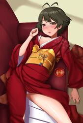  1boy akizuki_ryo antenna_hair blush brown_eyes brown_hair commentary_request couch cup drunk flat_chest idolmaster idolmaster_dearly_stars japanese_clothes kimono male_focus obi obiage obijime otoko_no_ko panties pantyshot plate red_kimono sakazuki sash short_hair solo sugar_(sugarless) underwear 