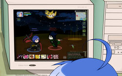  1boy ahoge allen_walker bat_(animal) black_hair bleach blood blue_hair code_geass computer crossover d.gray-man dark_rukia excalibur_(soul_eater) fake_screenshot female fullmetal_alchemist geass green_eyes grin heterochromia highres izumi_konata katekyo_hitman_reborn! kuchiki_rukia lucky_star monitor moon naruto naruto_(series) nazo_koumori night otaku parody photoshop_(medium) playing_games red_eyes rosario+vampire scarf scythe sharingan smile soul_eater ulquiorra_cifer 