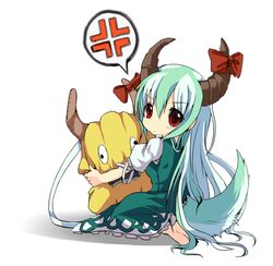  anger_vein angry barefoot commentary_request dress ex-keine female green_hair horn_ornament horn_ribbon horns kamishirasawa_keine long_hair mimi-moon multicolored_hair okaasan_to_issho red_eyes ribbon sitting solo spoo stuffed_toy tail touhou white_hair 