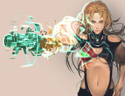  blonde_hair blue_eyes breasts digital_dissolve female kichin_yarou large_breasts long_hair metroid navel no_lineart ribs samus_aran skinny solo underboob varia_suit 