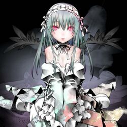  bare_shoulders commentary_request female highres kakashichi long_hair red_eyes rozen_maiden sitting solo suigintou wings 