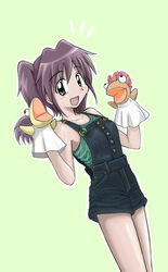  asou_natsumi bad_id bad_pixiv_id bare_arms bare_shoulders blush breasts buttons collarbone commentary_request denim dutch_angle female fine_fabric_emphasis green_background green_shirt hand_puppet hands_up happy legs_together looking_at_viewer machijuu o-ring open_mouth outline overall_shorts overalls puppet raised_eyebrows shirt short_hair short_twintails simple_background sketchbook_full_colors sleeveless sleeveless_shirt small_breasts solo twintails w_arms white_outline 