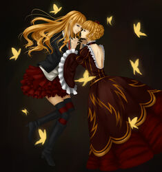  2girls aristocratic_clothes au beatrice_(umineko) blonde_hair blue_eyes boots bug butterfly commentary_request dress dual_persona highres holding_hands interlocked_fingers long_hair multiple_girls necktie photoshop_(medium) skirt thighhighs umineko_no_naku_koro_ni yellow_butterfly zettai_ryouiki 