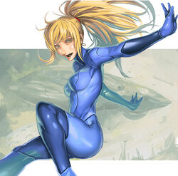  blonde_hair blue_eyes bodysuit female kichin_yarou long_hair metroid no_lineart ponytail samus_aran skin_tight solo zero_suit 