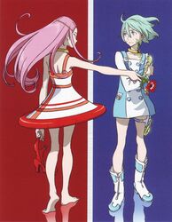  2girls absurdres anemone_(eureka_seven) anemone_(flower) barefoot boots collar dress eureka_(eureka_seven) eureka_seven eureka_seven_(series) feet flower high_heels highres holding holding_flower holding_shoes legs long_hair long_legs multiple_girls name_connection object_namesake pink_hair red_flower shoes soles thigh_strap toes white_footwear yoshida_ken&#039;ichi 