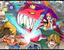  3boys agemono amusement_park bad_id bad_pixiv_id balloon blonde_hair blood blue_eyes brown_eyes brown_hair ferris_wheel holding holding_shield hylian_shield kirby_(series) link lucas_(mother_3) luigi male_focus mario_(series) maxim_tomato mother_(game) mother_3 multiple_boys pointing pointing_at_another pokemon pokemon_frlg porky_minch quiff red_(pokemon) sharp_teeth shield striped super_smash_bros. sweat tears teeth the_legend_of_zelda the_legend_of_zelda:_twilight_princess tomato ultimate_chimera vs_seeker 