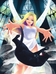  :d angel_wings animal bad_id bad_pixiv_id bare_arms black_cat_(elona) blonde_hair breasts collarbone cowboy_shot dress ehekatl_of_luck elona feathered_wings feathers feline female giving half-closed_eyes happy indoors large_breasts long_hair looking_at_viewer medium_breasts nohiro_(hayah) open_hands open_mouth outstretched_arms palms see-through side_slit sleeveless sleeveless_dress smile tossing very_long_hair white_dress window wings 