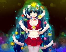  aqua_eyes aqua_hair bad_id bad_pixiv_id bell bow christmas female hairbow hatsune_miku kaden_(kuzek) long_hair midriff navel santa_costume skirt smile solo star_(symbol) twintails very_long_hair vocaloid 